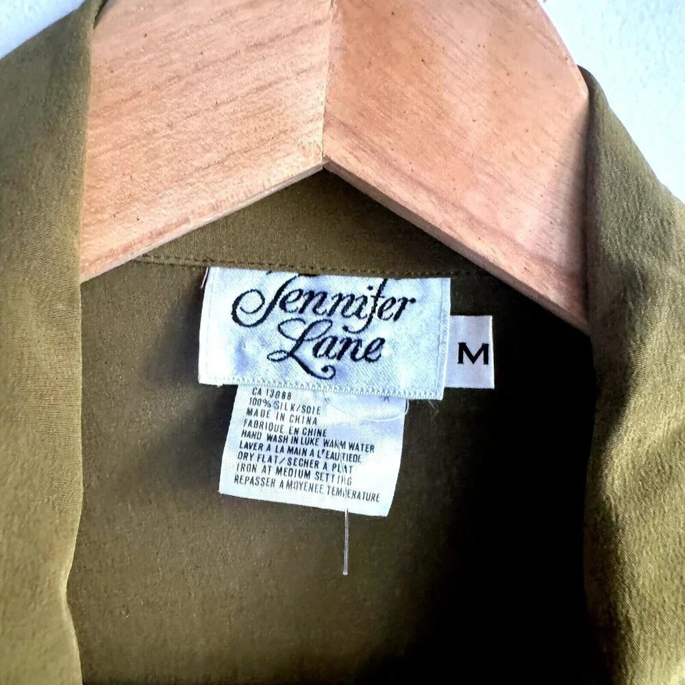 Vintage Jennifer Lane Olive Green Silk floral embroidered Long Sleeve M Shirt - Picture 6 of 7